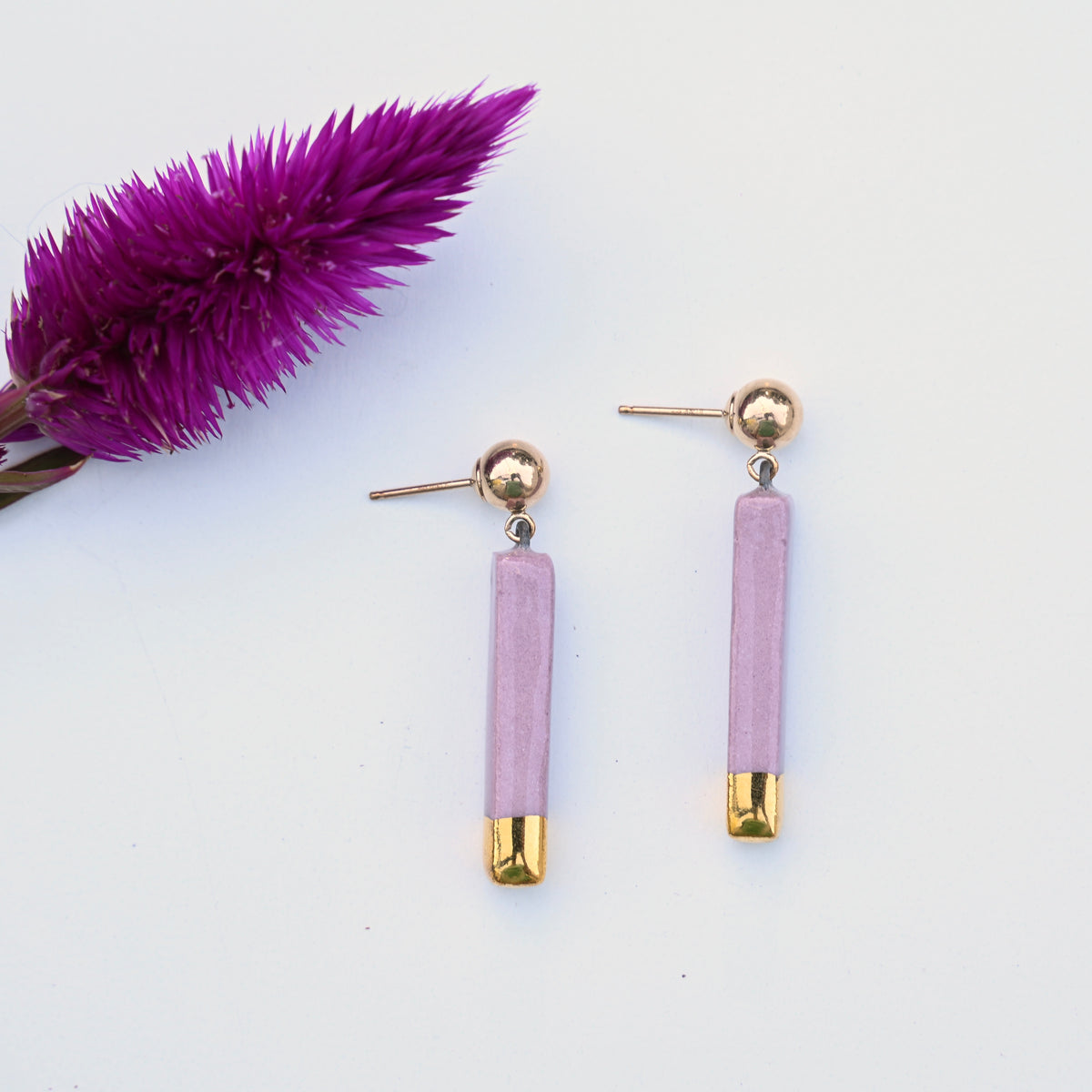 Mira handmade porcelain earrings in Heather purple with gold luster and gold-filled posts