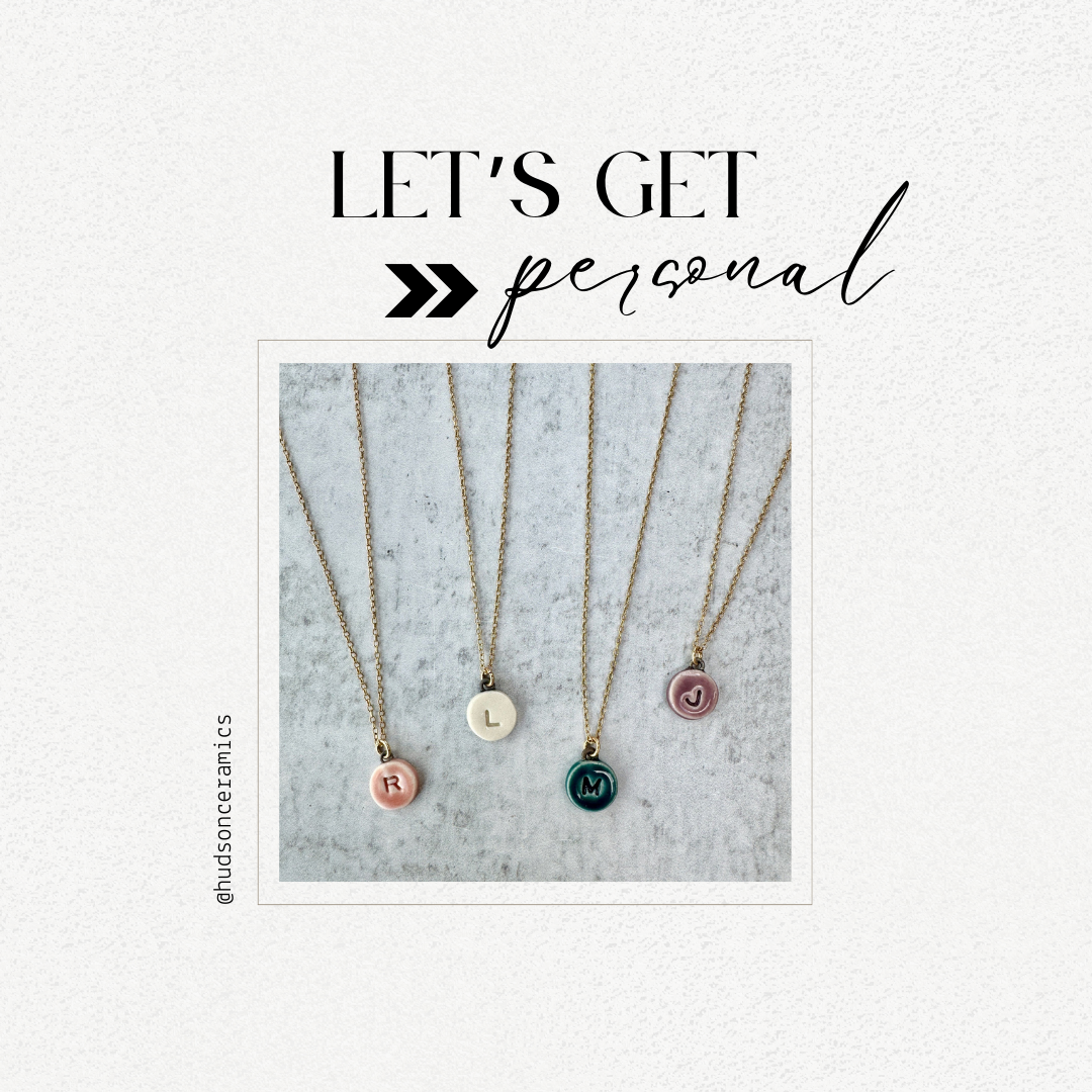 let's get personal ad featuring many custom letter necklaces
