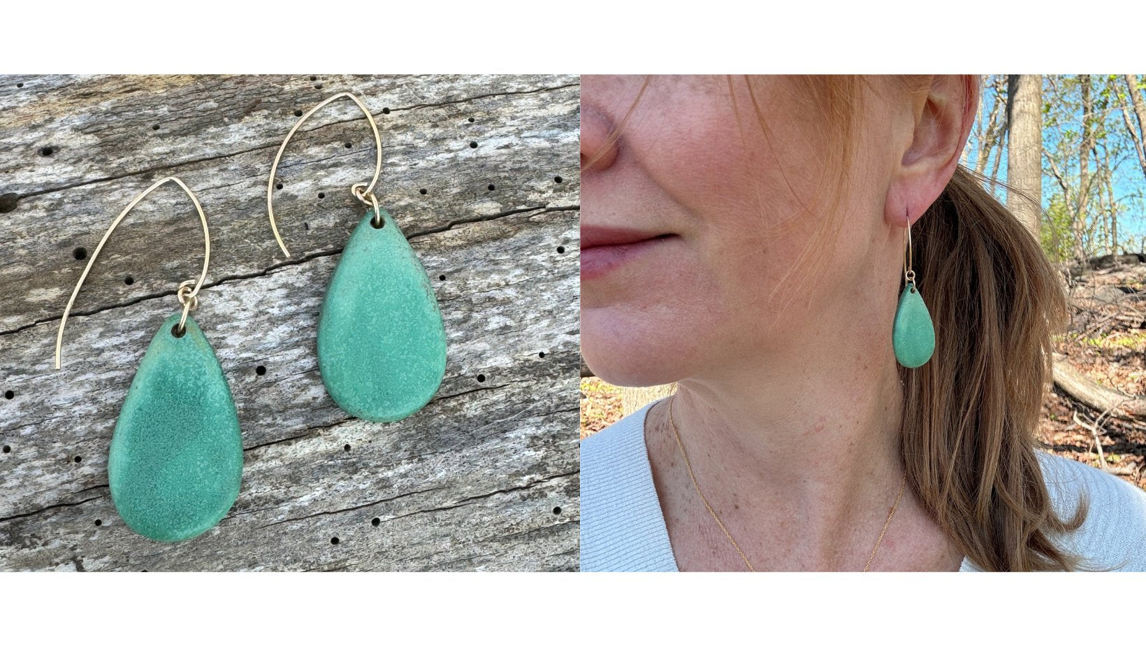 woman wearing black dangle earrings with gold brushstrokes