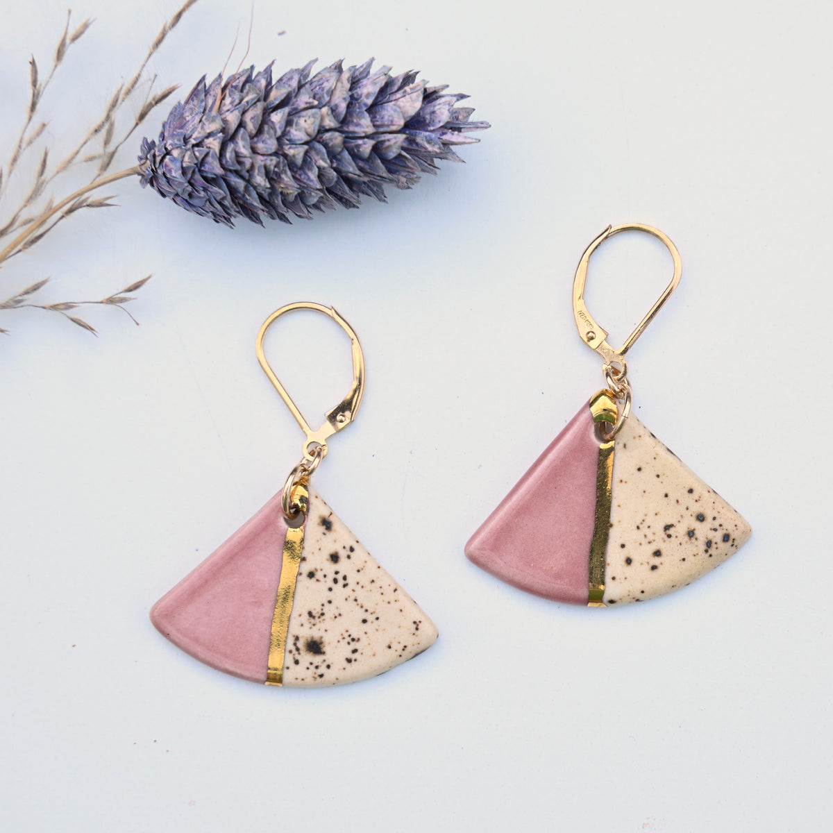 Desert Rose Color Slice handmade ceramic earrings in dusty rose and natural speckled clay with gold luster