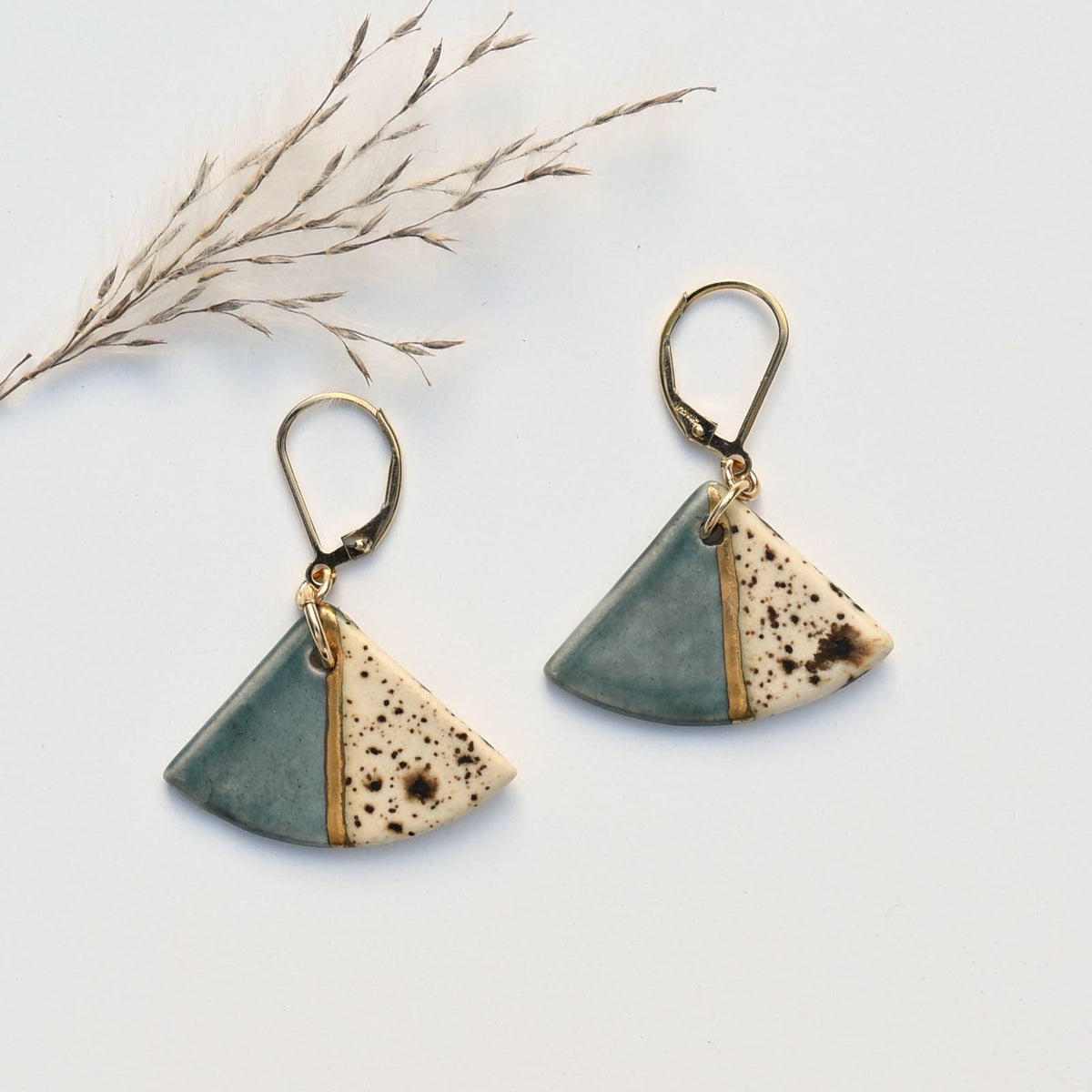 Sea Stone Color Slice handmade ceramic earrings in dusty rose and natural speckled clay with gold luster