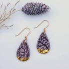 Plum lace textured porcelain earrings with gold luster by Hudson Ceramics