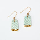 Handmade aqua Willow porcelain earrings with carved diagonal texture, gold luster and gold-filled ear wires by Hudson Ceramics